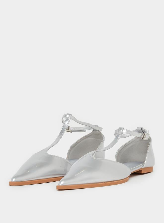 Styli Silver T-Strap Flats Shoes - Image 2